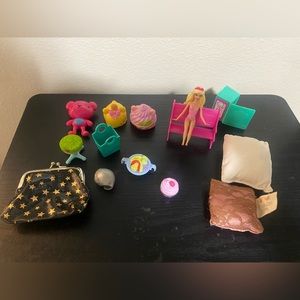 Kids small mini toys- mini Barbie, pillows, chair, bench, coin purse etc